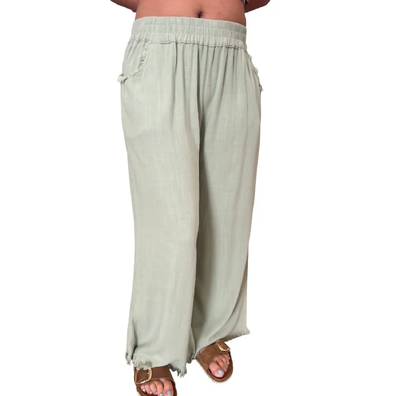 women's elastic waist pantsWide Leg Pants With Fray Hem In Sage