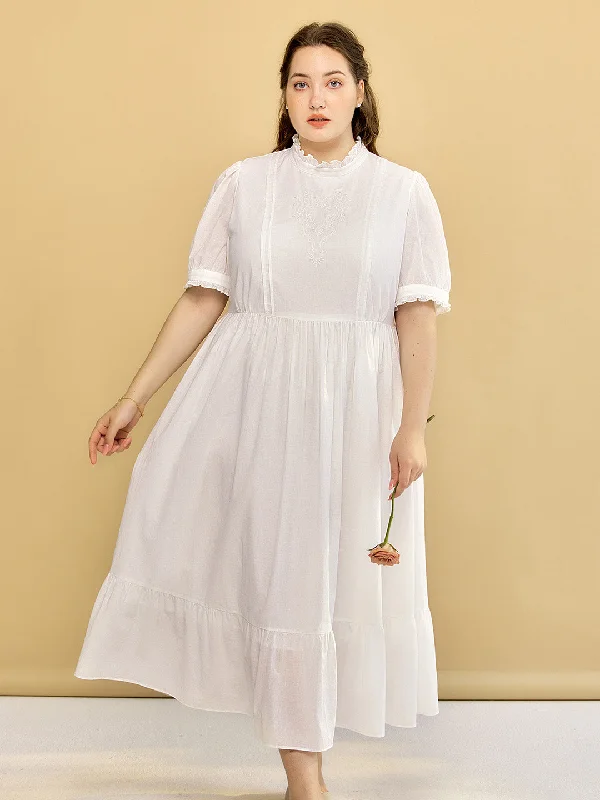 Ribbon Dress【Final Sale】Plus Size Afra White Stand-up Collar Bubble Sleeve Dress