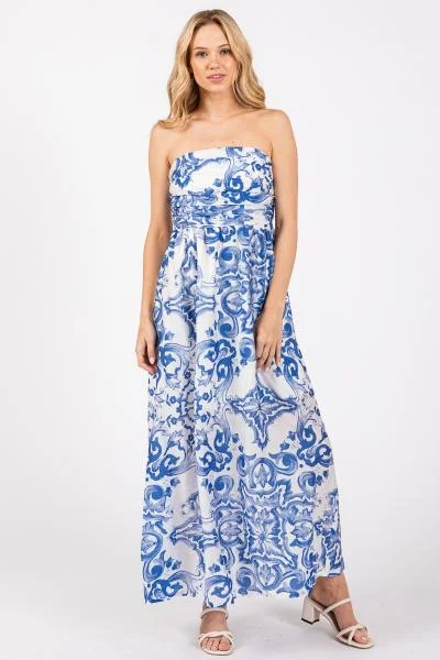 women's flowy dressesRoyal Scroll Strapless Dress