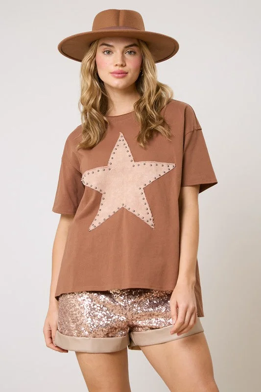 women's mother of the bride dressesStudded Star Washed Brown Top