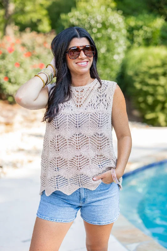 Short-Sleeve DressDay Dreamin' Taupe Crocheted Top