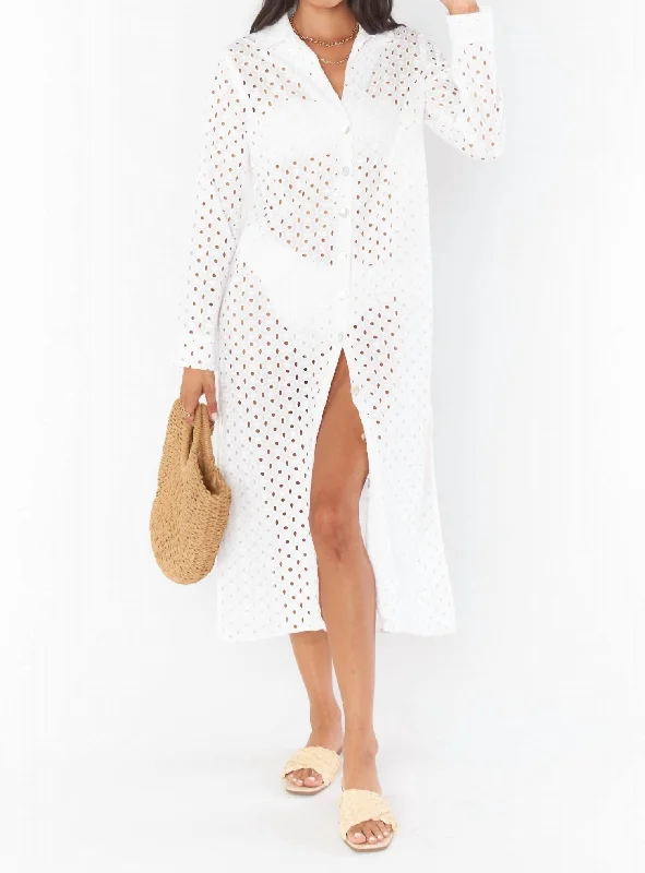 women's affordable dressesDayton Button Down Midi Dress In White Eyelet