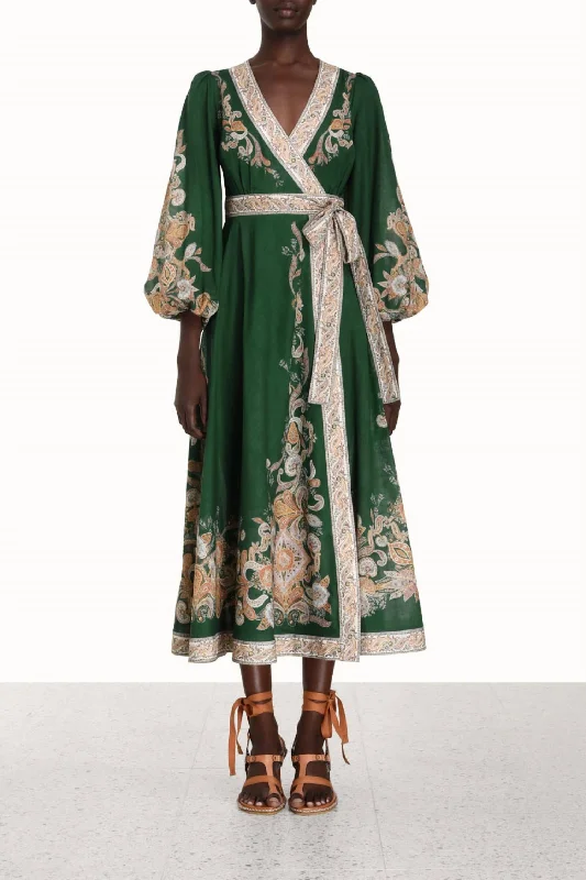 women's bespoke dressesDevi Wrap Midi Dress In Emerald Paisley