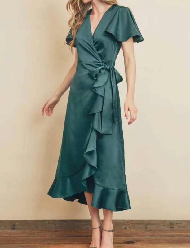 Organza DressFlutter Sleeve Midi Wrap Dress in Emerald