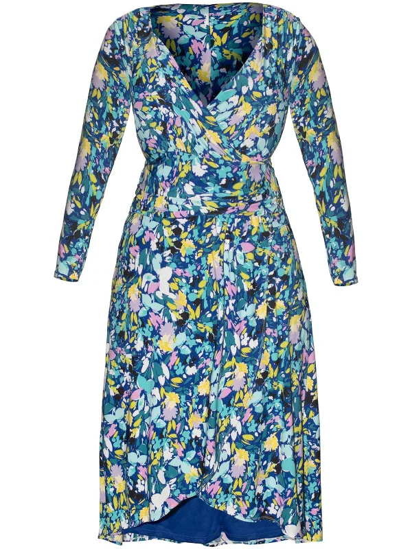 women's denim dressesPlus Womens Floral Print Faux Wrap Midi Dress