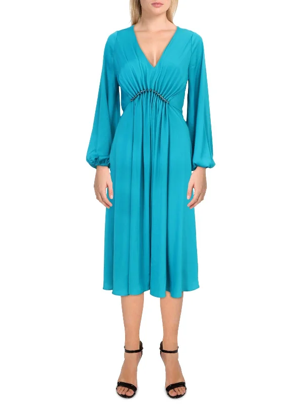 women's cocktail dressesPortia Womens Gathered V Neck Midi Dress