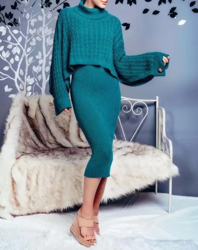 Sheath DressRibbed Midi Dress And Turtleneck Sweater Set in Teal