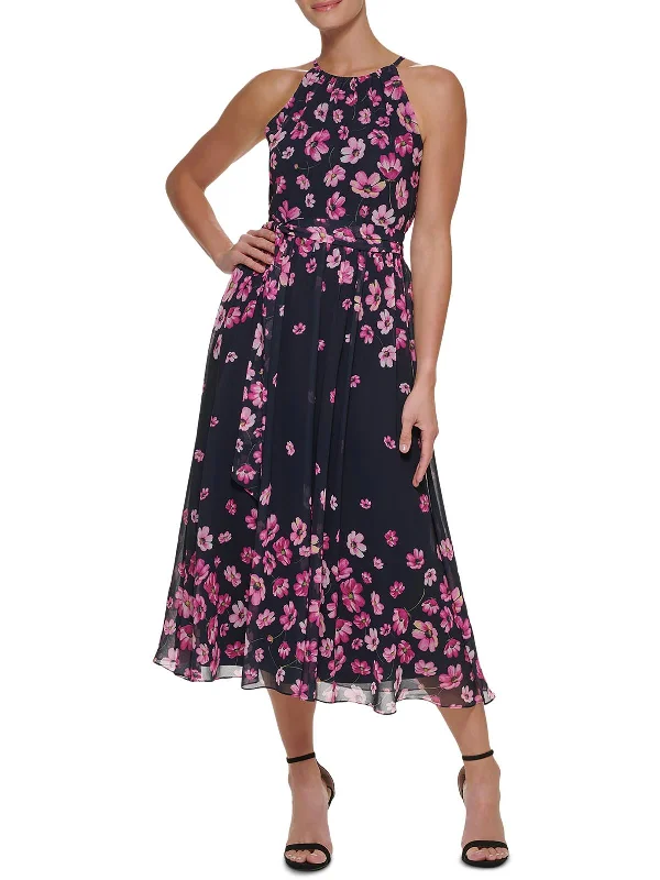 Off-The-Shoulder DressWomens Floral Print Tea Length Midi Dress