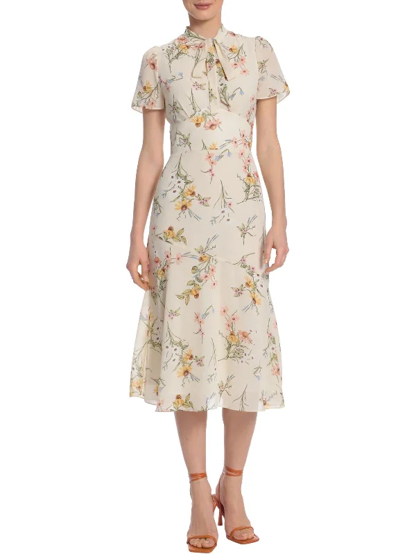 women's flowy dressesWomens Floral Tie Neck Midi Dress