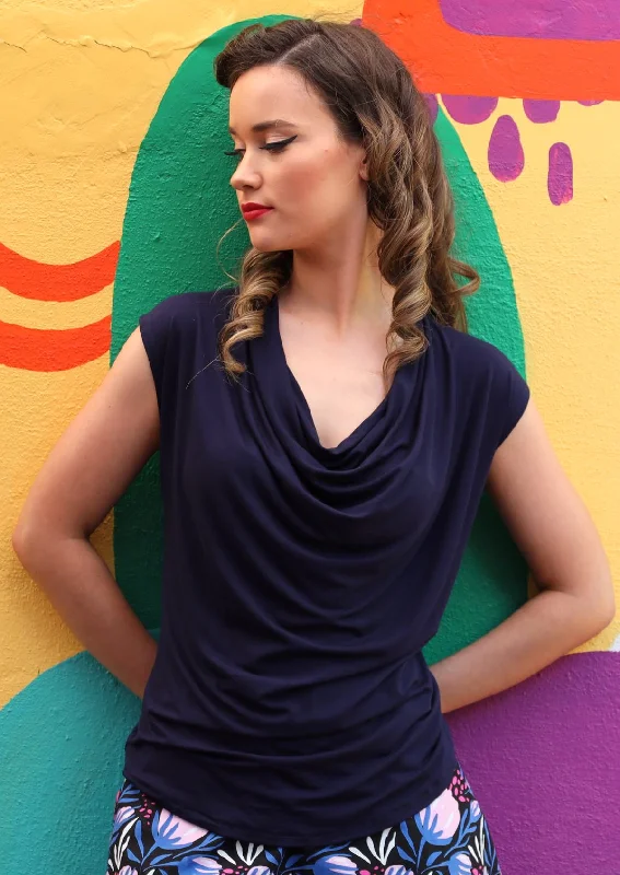 women's tops for casual FridaysCowl Neck Top Navy Blue