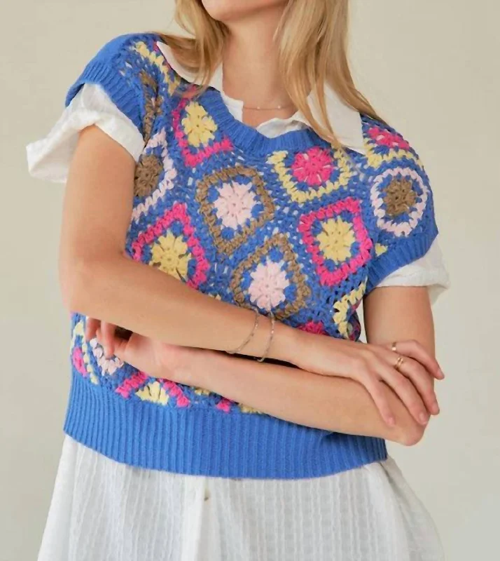 Casual SweatersMulti Color Crochet Top In Blue