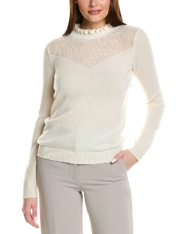 Quick-Dry Wool Sweaterssofiacashmere Ruffle Mock Neck Mesh Stitch Cashmere Sweater