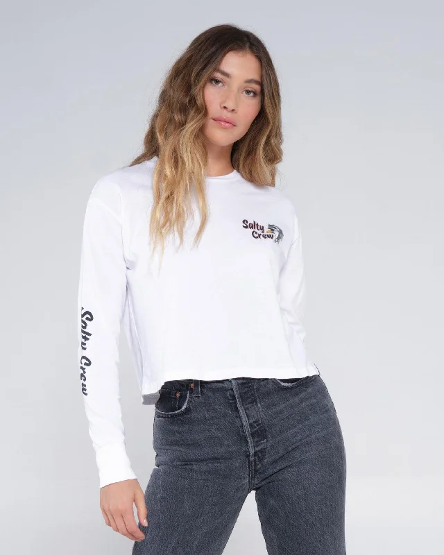 women's tops with sheer overlaysFish N Chips L/S Crop Tee - White